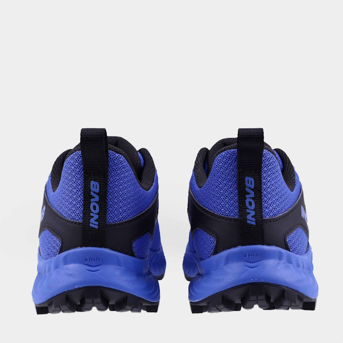 Pair of INOV8 TrailTalon trail running shoes, blue and black, back view