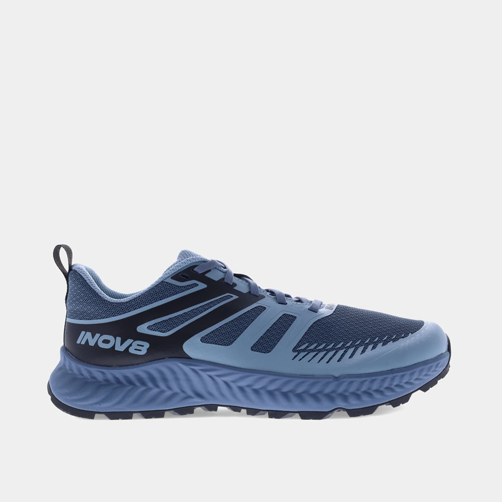Blue running shoe with black accents on a white background