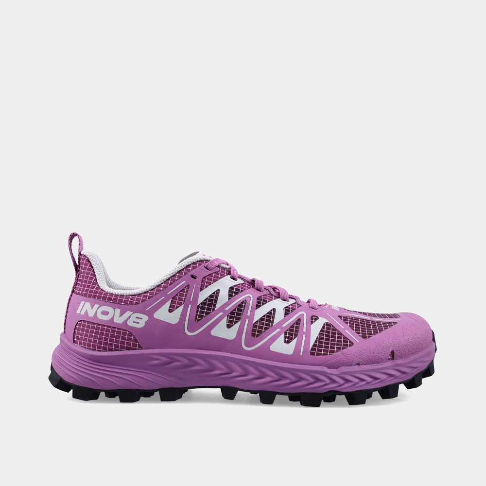 Purple running shoe with white accents on a light gray background
