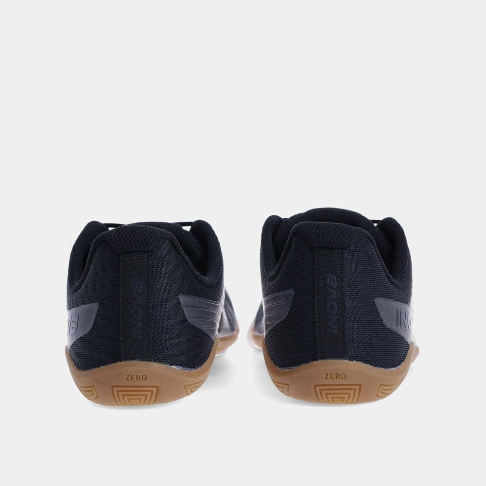 Pair of INOV8 Bare-XF V2 training shoes, black and gum, back view