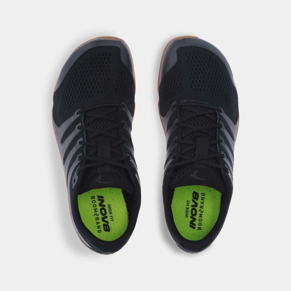 Pair of INOV8 Bare-XF V2 training shoes, black and gum, top view