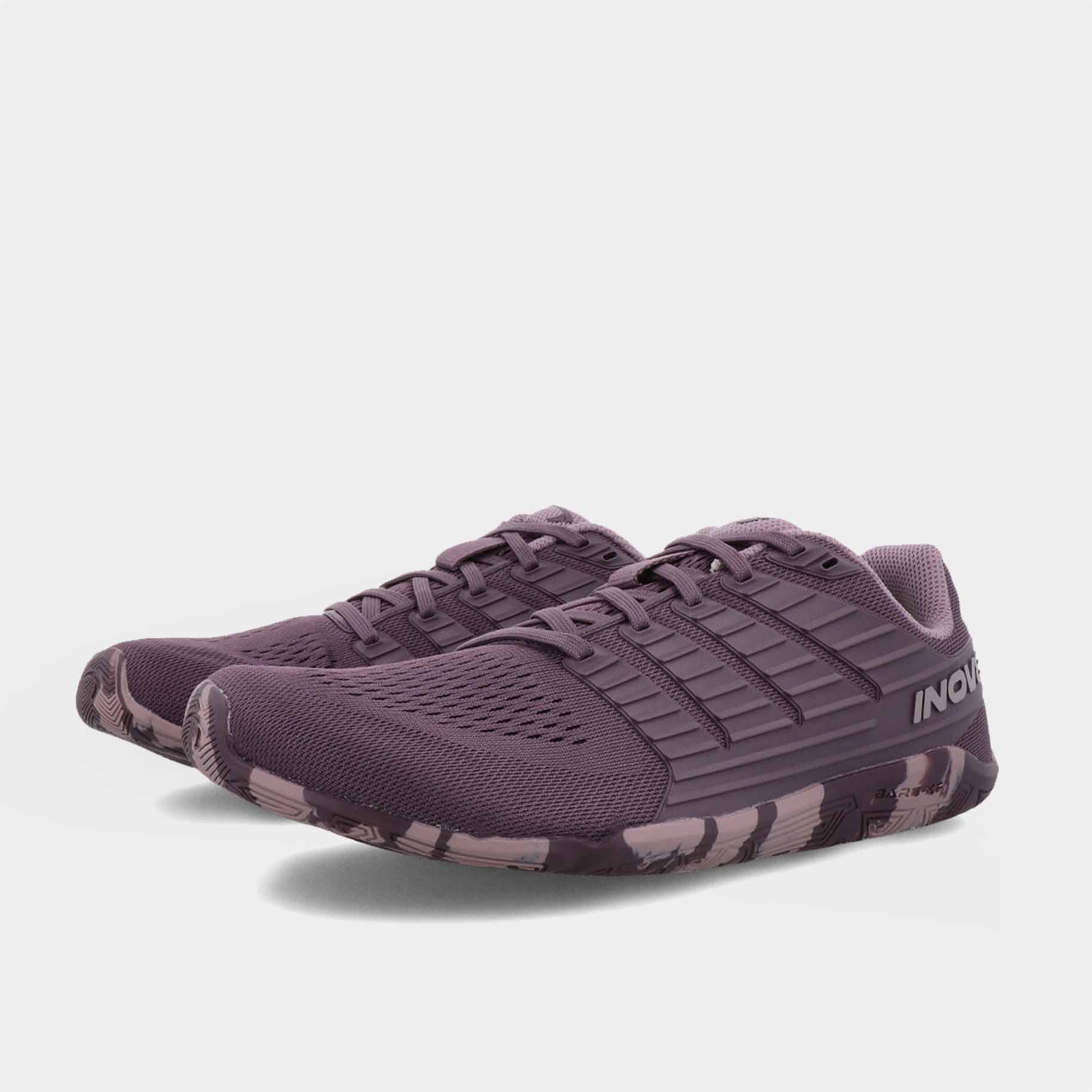 Pair of INOV8 Bare-XF V2 training shoes, purple and multi, angled view