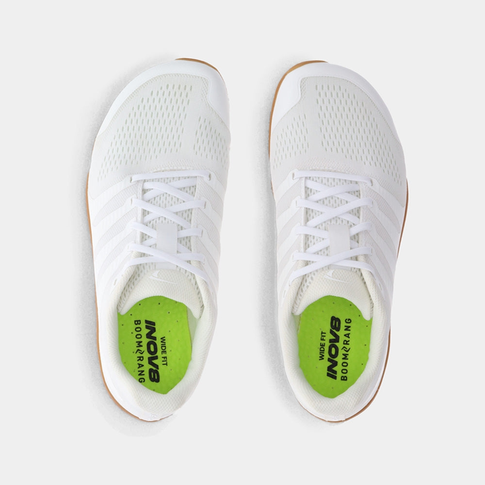 Pair of INOV8 Bare-XF V2 training shoes, white and gum, top view