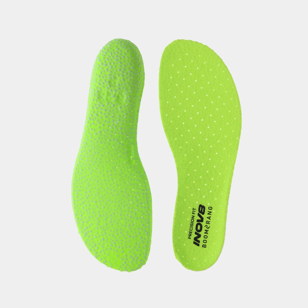 Pair of INOV8 Boomerang Footbed insoles, one showing the bottom, the other showing the top