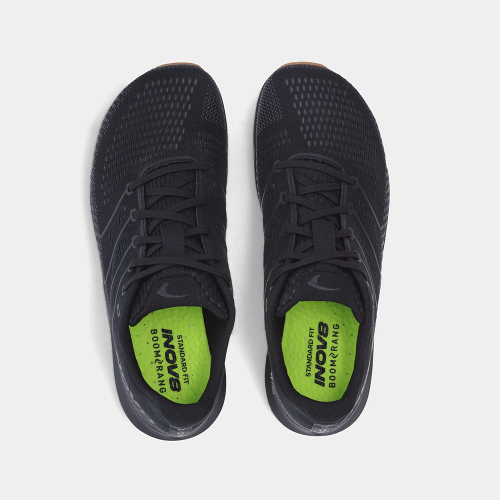 Pair of INOV8 F-Fly training shoes, black and gum, top view