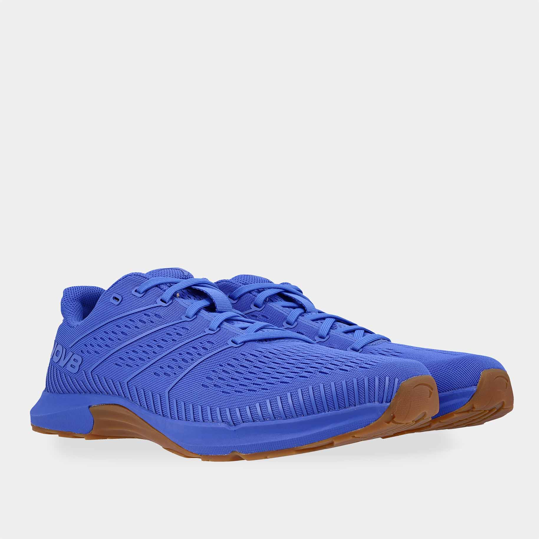 Pair of INOV8 F-Fly training shoes, blue and gum, angled view