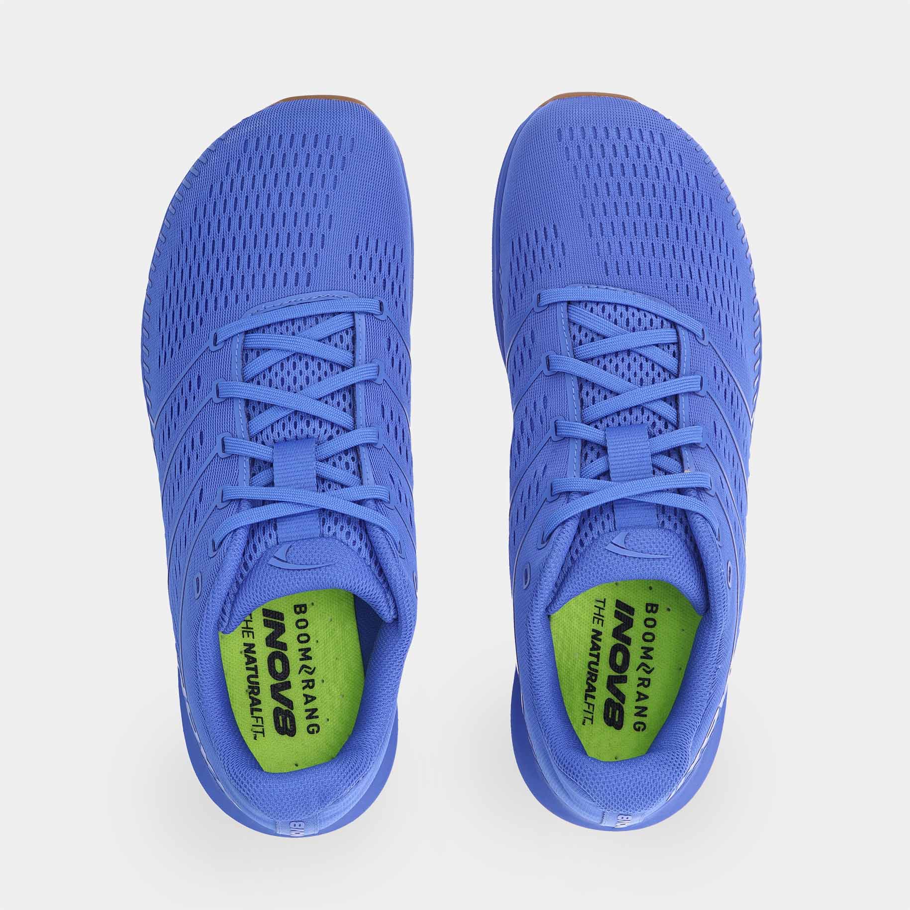 Pair of INOV8 F-Fly training shoes, blue and gum, top view