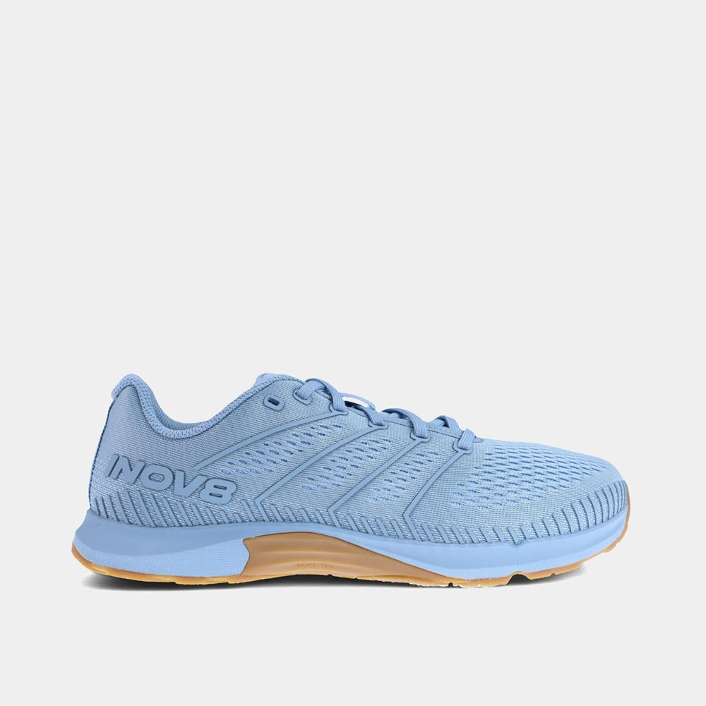 INOV8 F-Fly training shoes, light blue and grey gum, outer view
