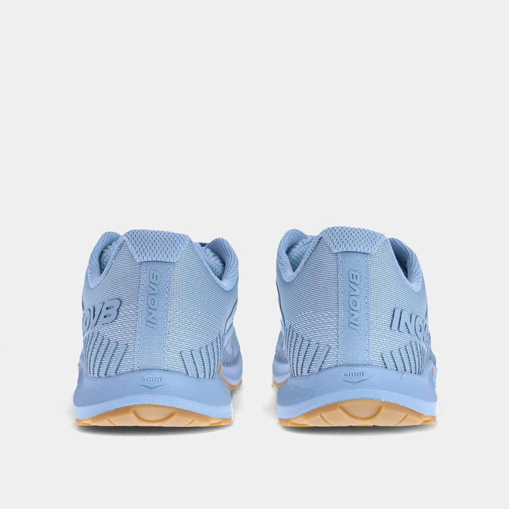 Pair of INOV8 F-Fly training shoes, light blue and grey gum, back view