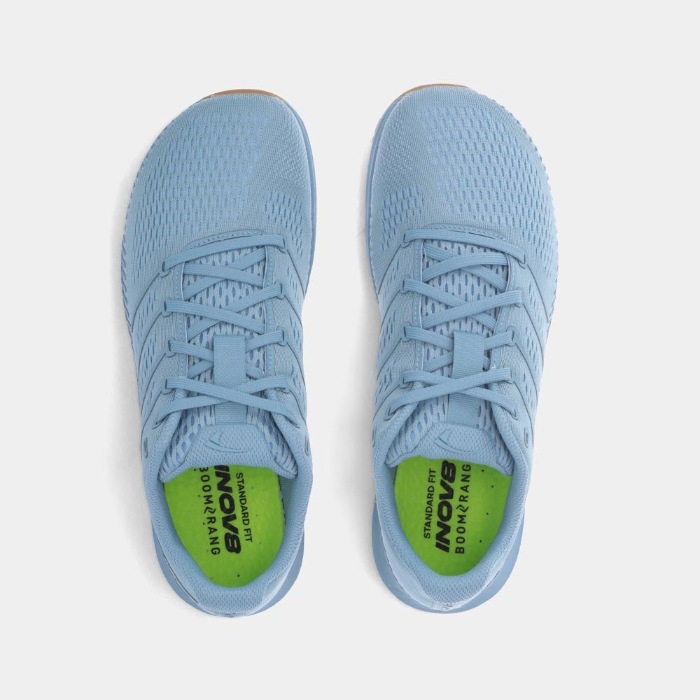 Pair of INOV8 F-Fly training shoes, light blue and grey gum, top view