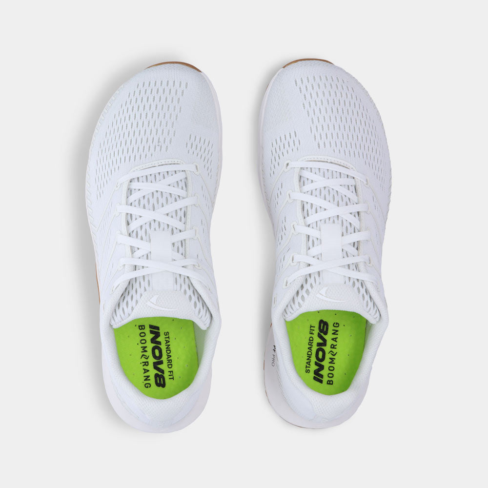 Pair of INOV8 F-Fly training shoes, white and gum, top view