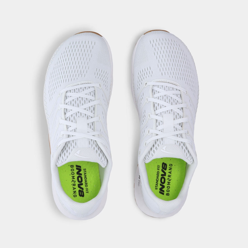 Pair of INOV8 F-Fly training shoes, white and gum, top view