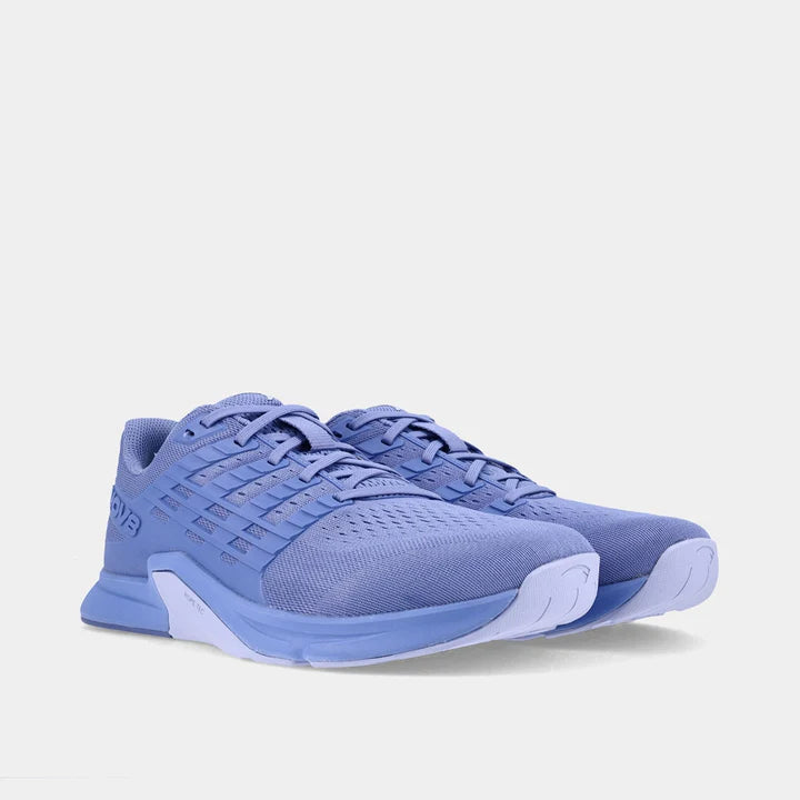 Pair of INOV8 F-Lite training shoes, blue and light blue, angled view