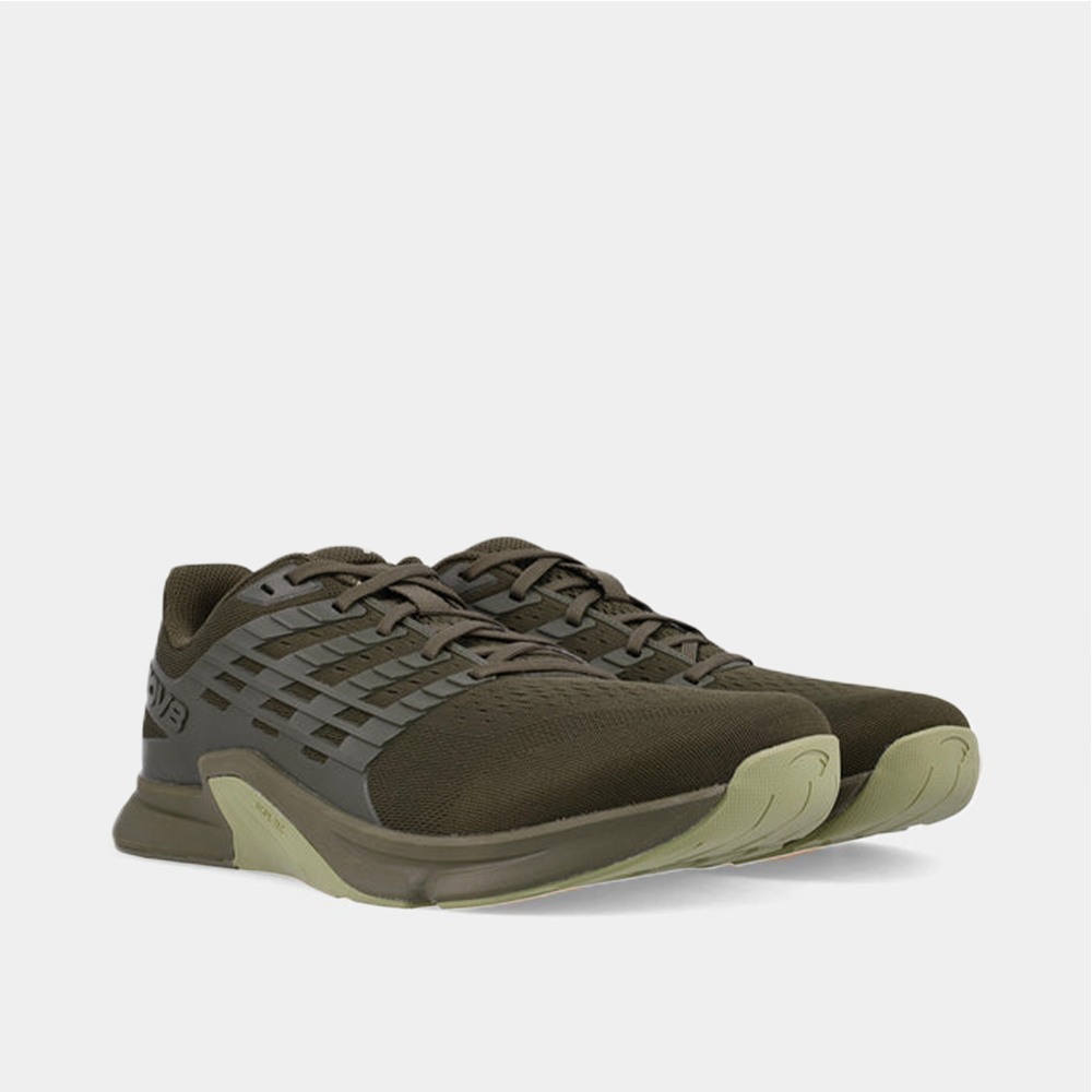 Pair of INOV8 F-Lite training shoes, dark green and green, angled view