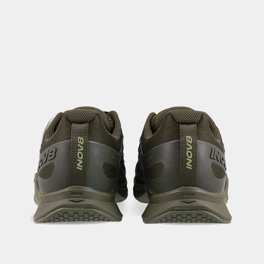 Pair of INOV8 F-Lite training shoes, dark green and green, back view