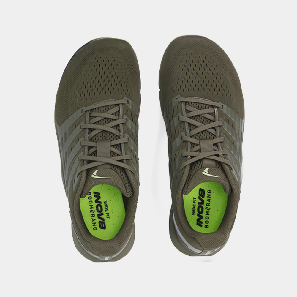 Pair of INOV8 F-Lite training shoes, dark green and green, top view