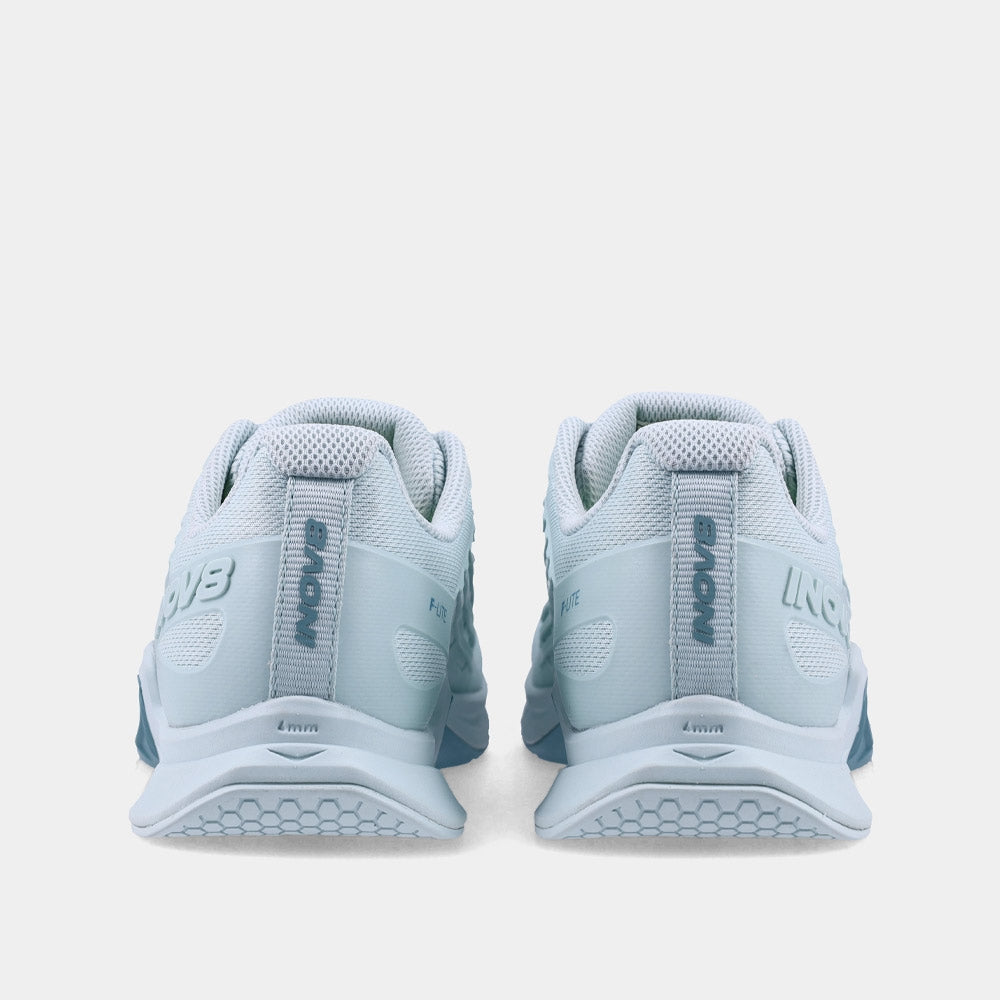 Pair of INOV8 F-Lite training shoes, light blue and blue, back view