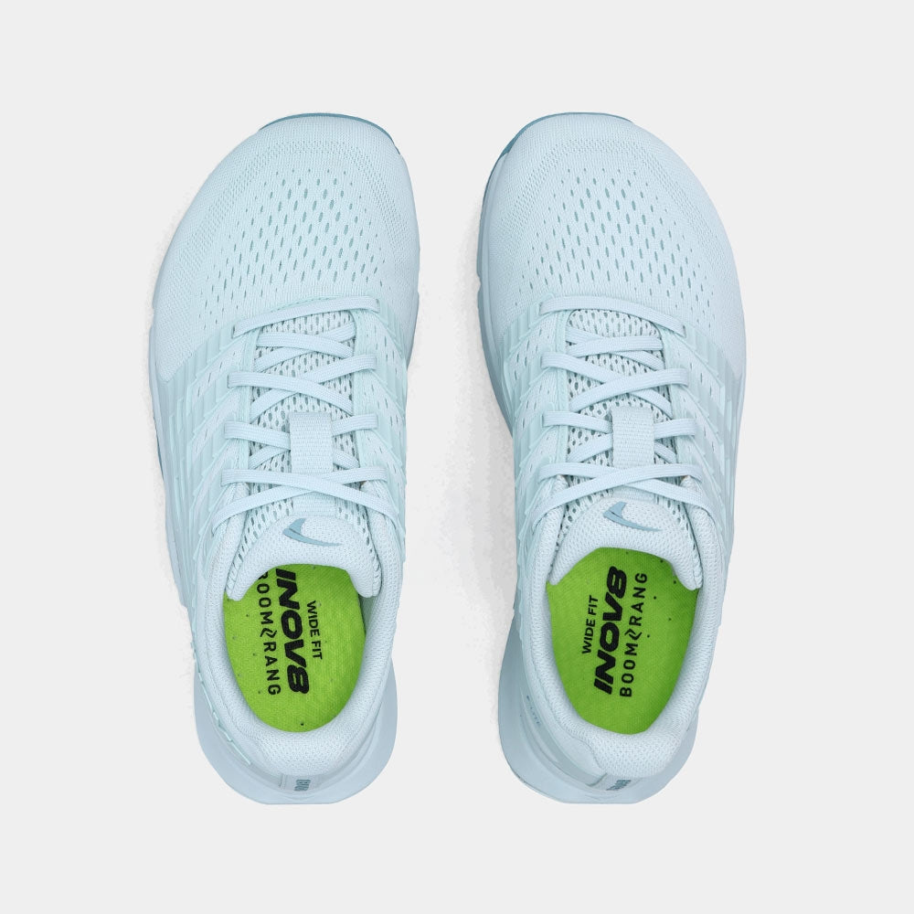 Pair of INOV8 F-Lite training shoes, light blue and blue, top view