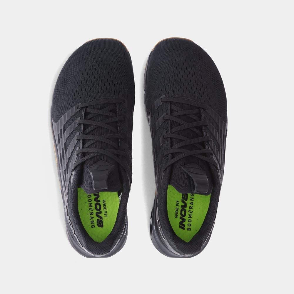 Pair of INOV8 F-Lite Max training shoes, black and gum, top view