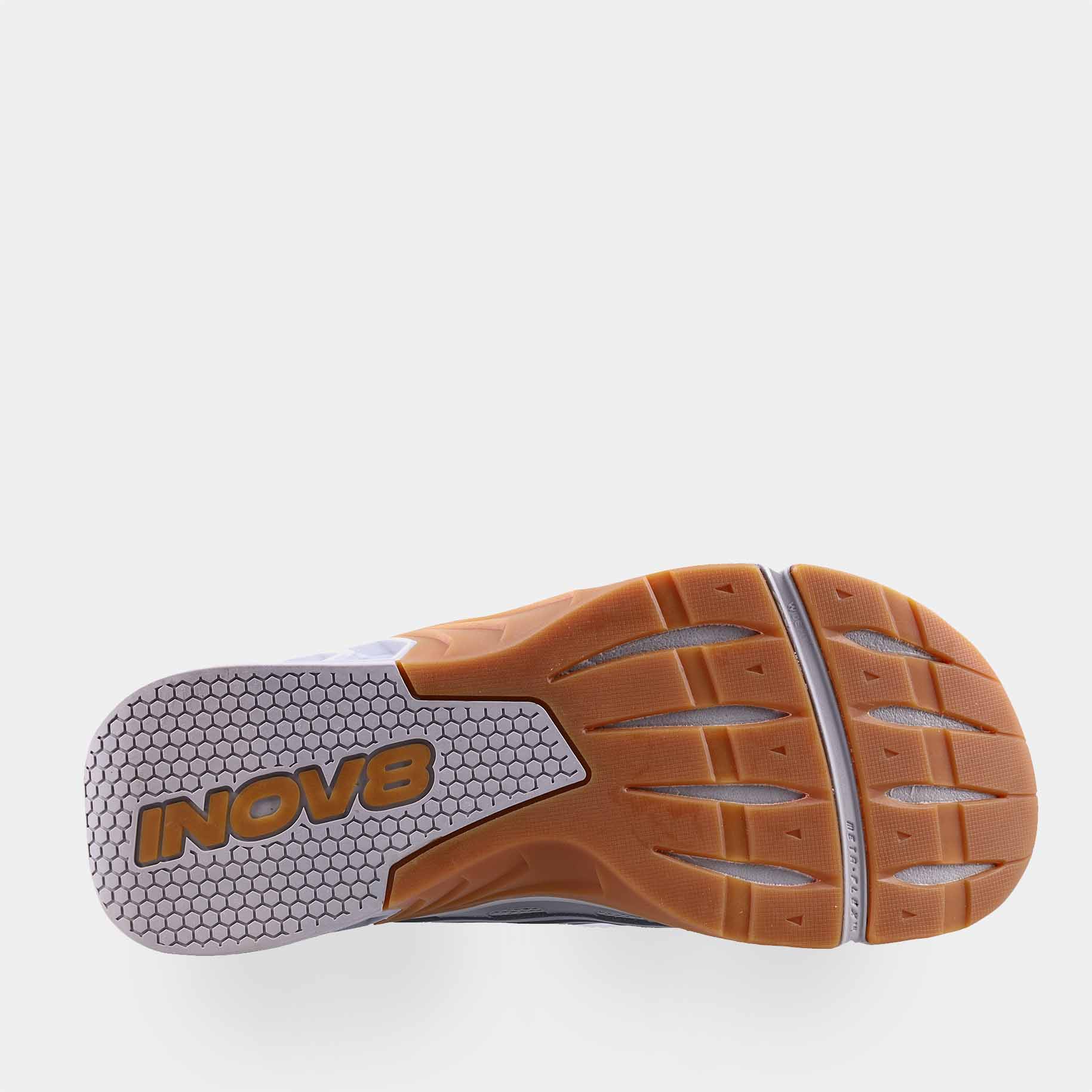 INOV8 F-Lite Max training shoes, grey and gum, bottom view