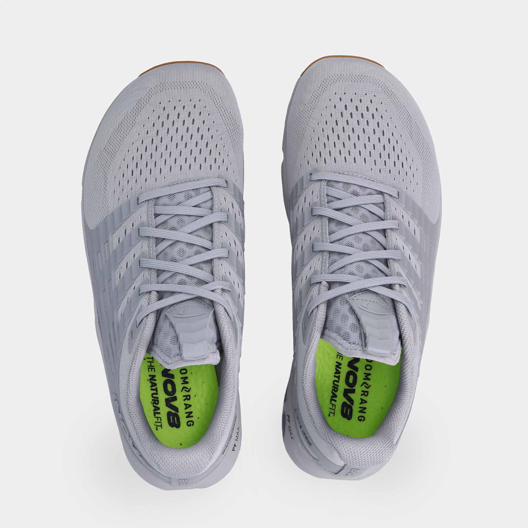 Pair of INOV8 F-Lite Max training shoes, grey and gum, top view