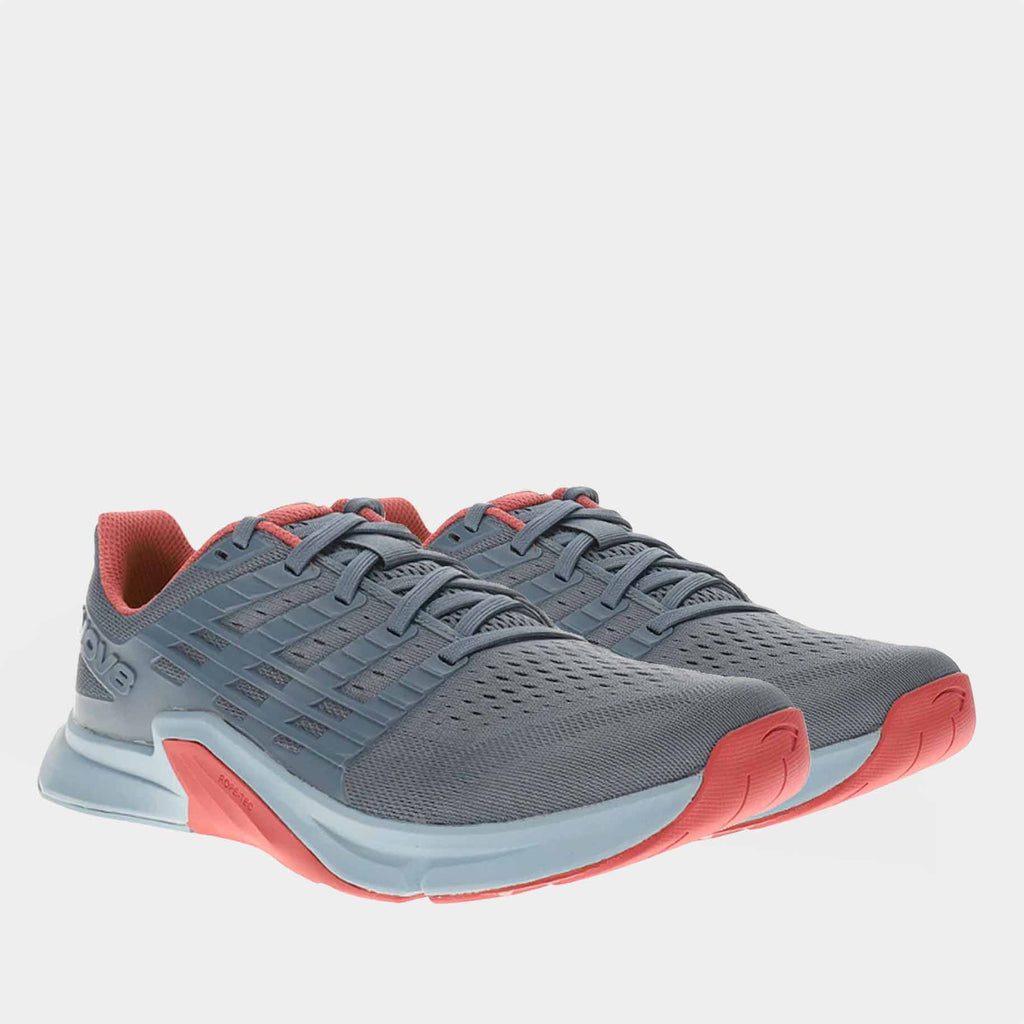 Pair of INOV8 F-Lite training shoes, slate and dusty rose, angled view