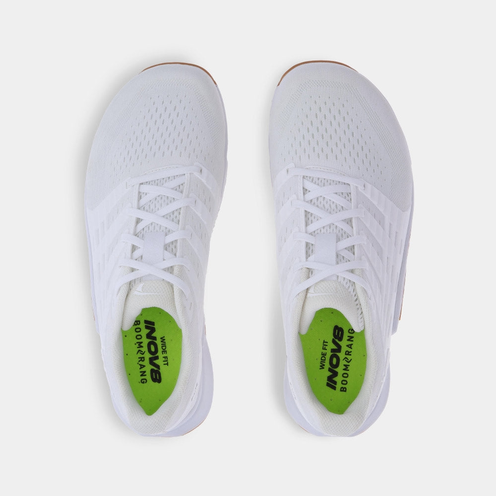 Pair of INOV8 F-Lite training shoes, white and gum, top view
