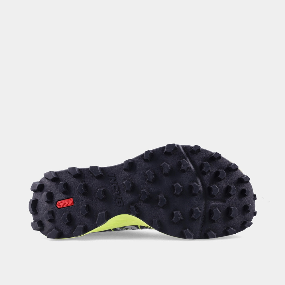 INOV8 MudTalon Speed V2 trail running shoes, black and green, bottom view