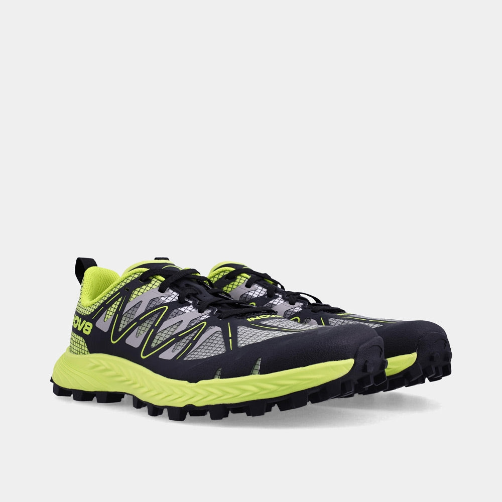 Pair of INOV8 MudTalon Speed V2 trail running shoes, black and green, angled view