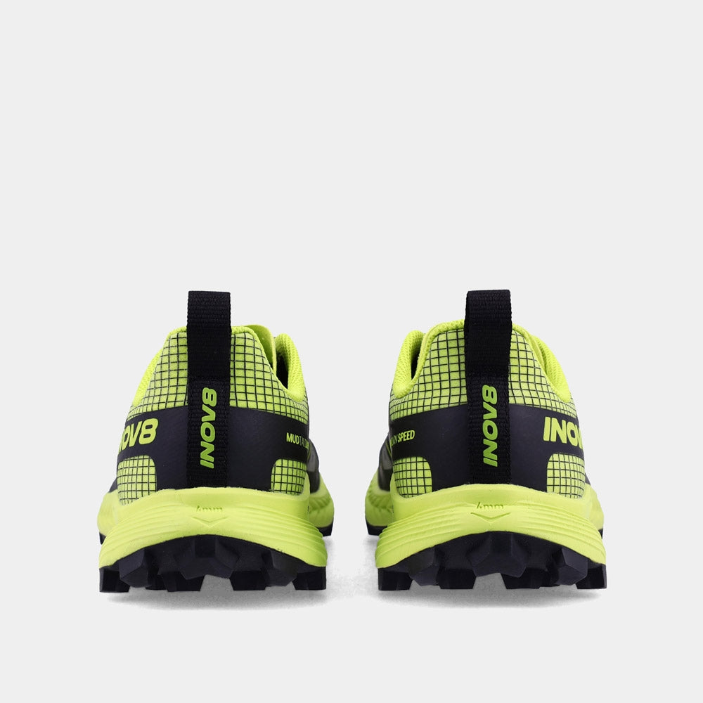 Pair of INOV8 MudTalon Speed V2 trail running shoes, black and green, back view
