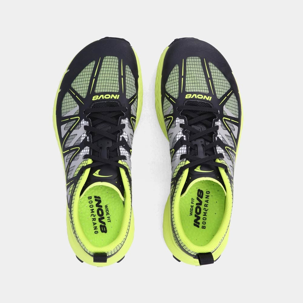 Pair of INOV8 MudTalon Speed V2 trail running shoes, black and green, top view