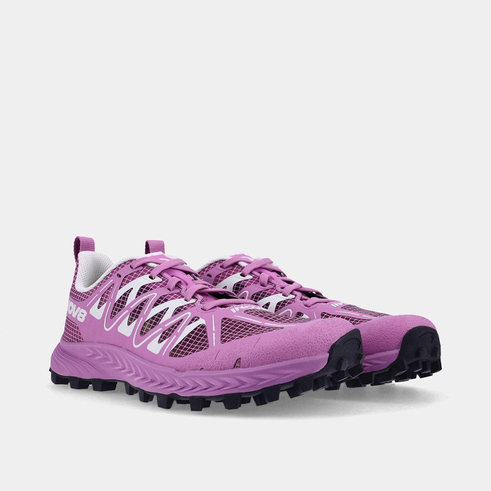 Pair of INOV8 MudTalon Speed V2 trail running shoes, purple, angled view