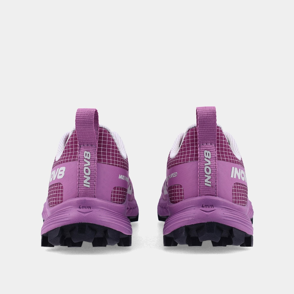 Pair of INOV8 MudTalon Speed V2 trail running shoes, purple, back view