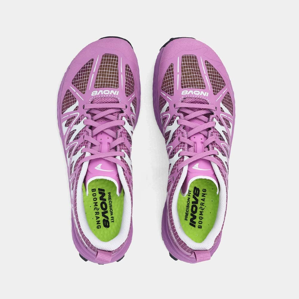 Pair of INOV8 MudTalon Speed V2 trail running shoes, purple, top view