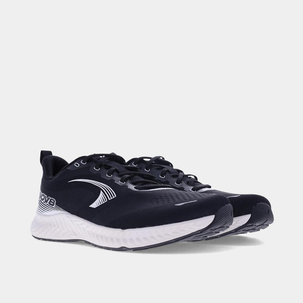 Pair of INOV8 RoadFly road running shoes, black and white, angled view