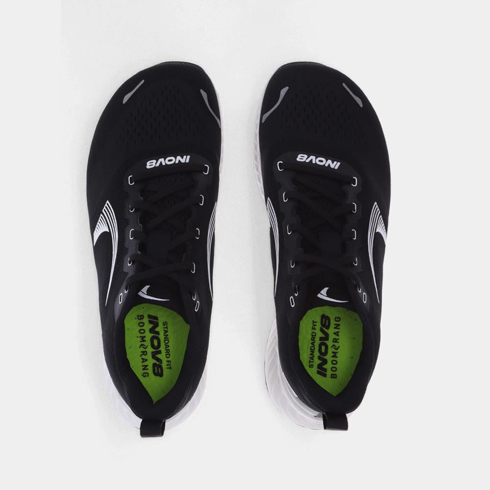 Pair of INOV8 RoadFly road running shoes, black and white, top view