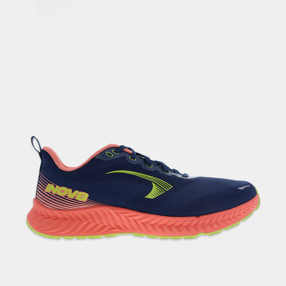 INOV8 RoadFly road running shoes, blue, coral and lime, outer view