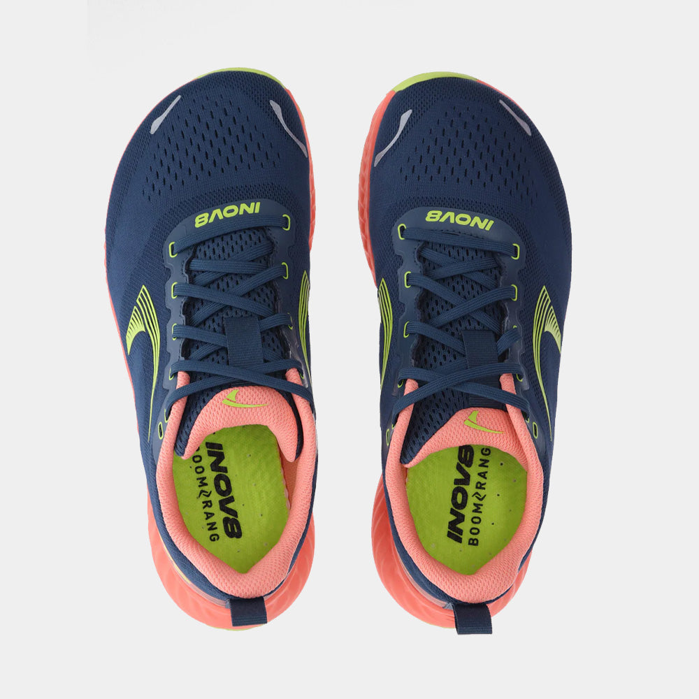 Pair of INOV8 RoadFly road running shoes, blue, coral and lime, top view