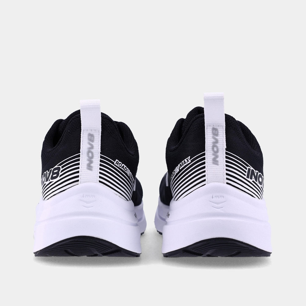Pair of INOV8 RoadFly Max road running shoes, black and white, back view
