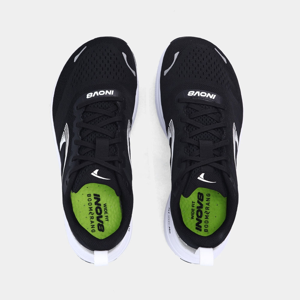 Pair of INOV8 RoadFly Max road running shoes, black and white, top view