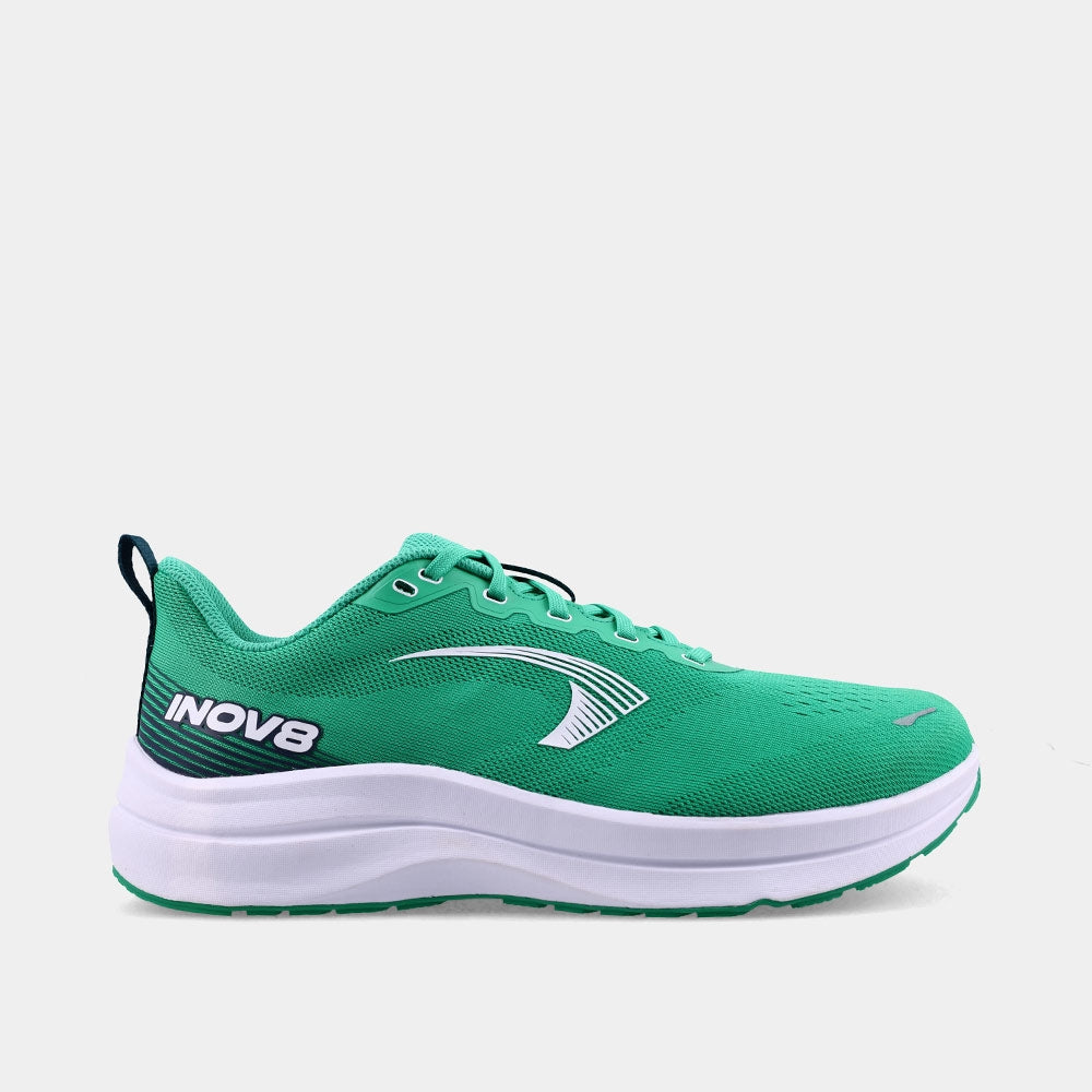 INOV8 RoadFly Max road running shoes, green and white, outer view