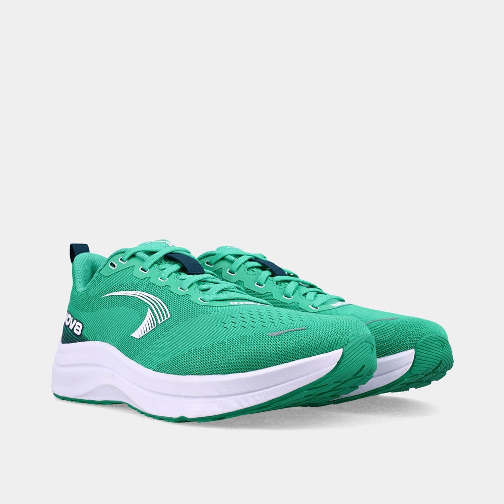 Pair of INOV8 RoadFly Max road running shoes, green and white, angled view