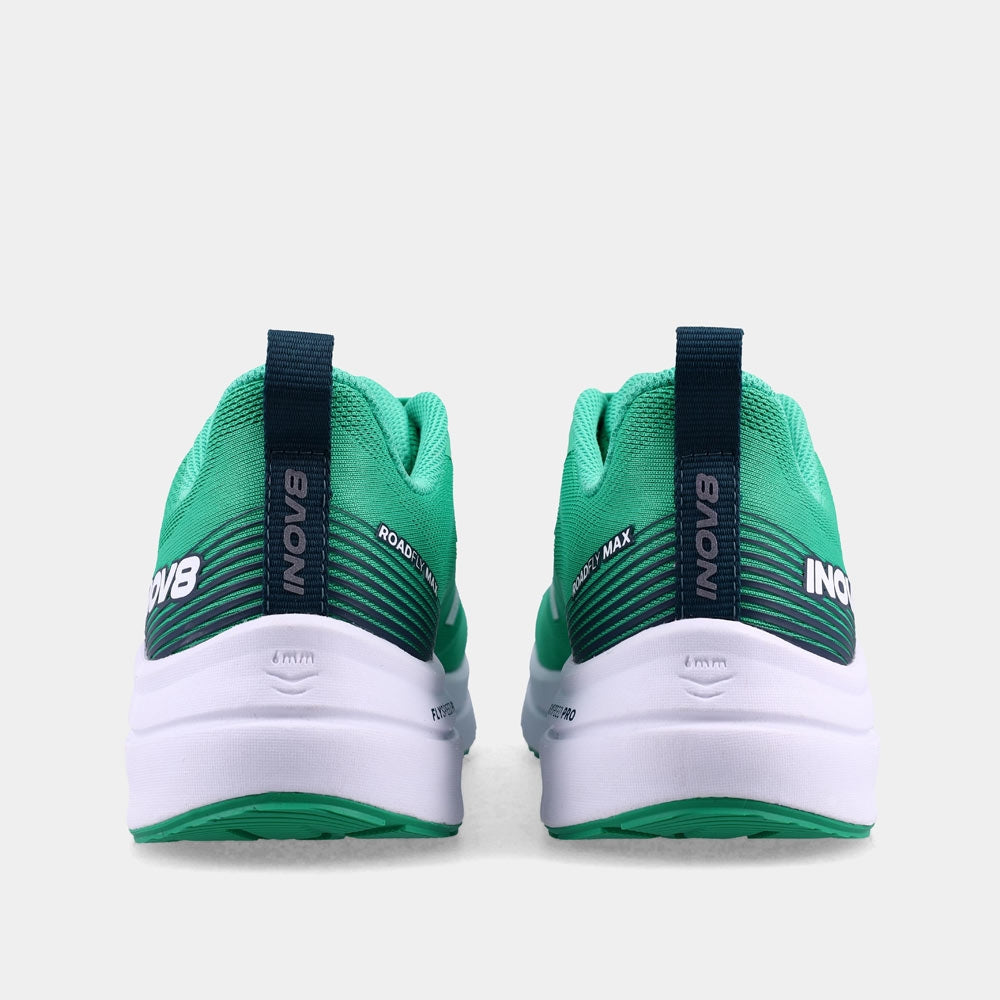 Pair of INOV8 RoadFly Max road running shoes, green and white, back view