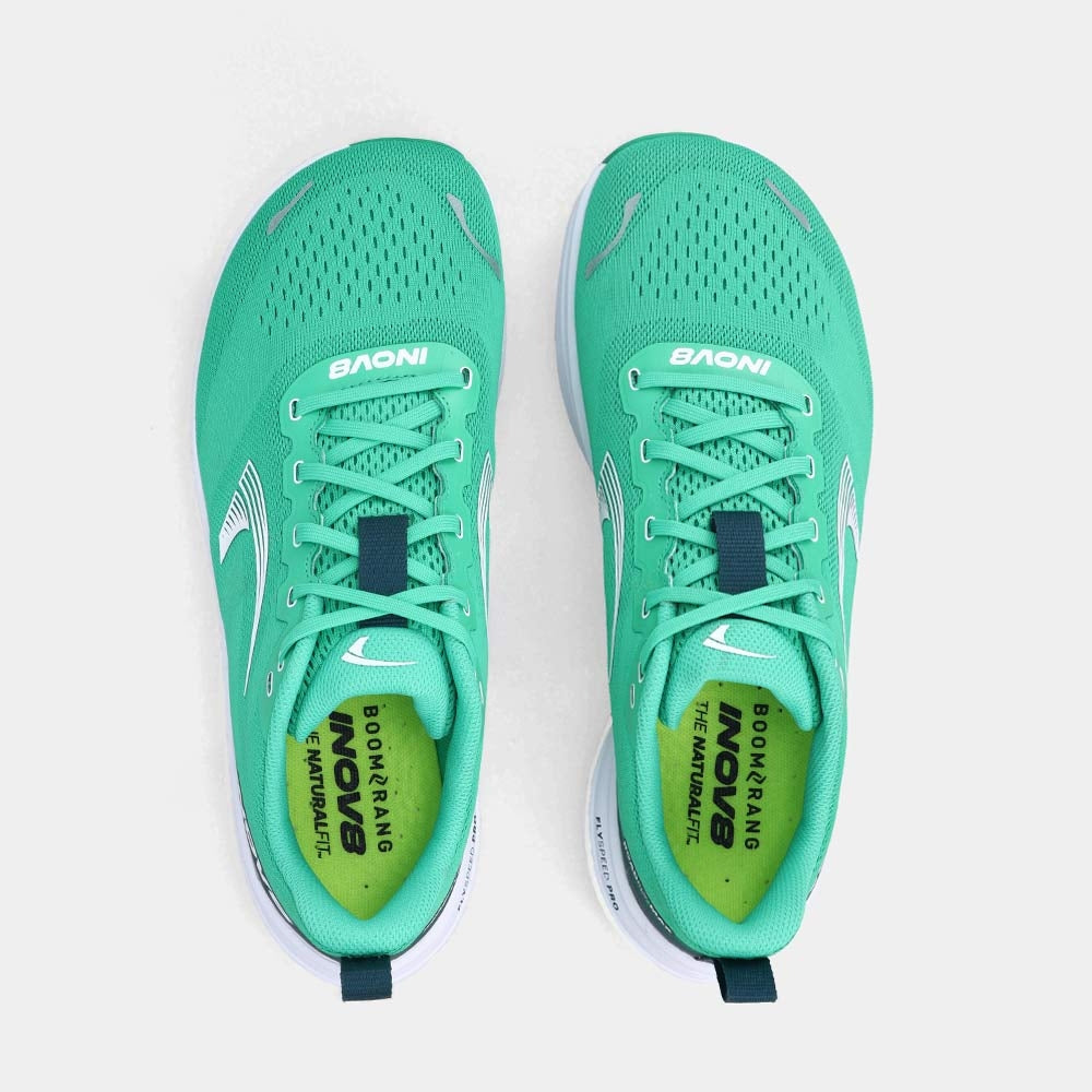 Pair of INOV8 RoadFly Max road running shoes, green and white, top view