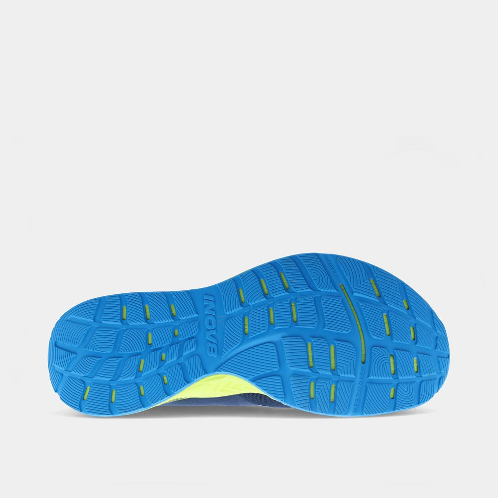 INOV8 RoadFly road running shoes, navy, blue and lime, bottom view