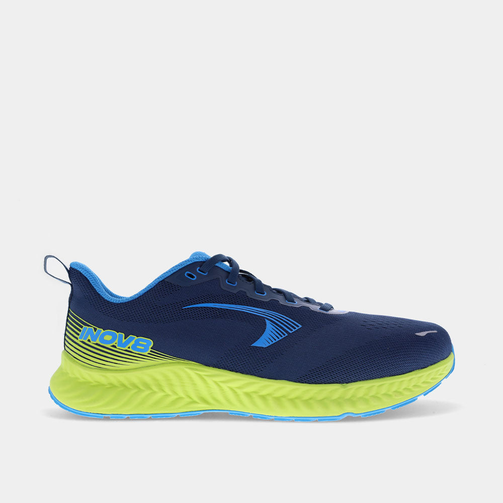 INOV8 RoadFly road running shoes, navy, blue and lime, outer view