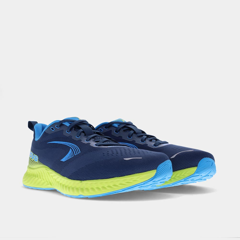 Pair of INOV8 RoadFly road running shoes, navy, blue and lime, angled view