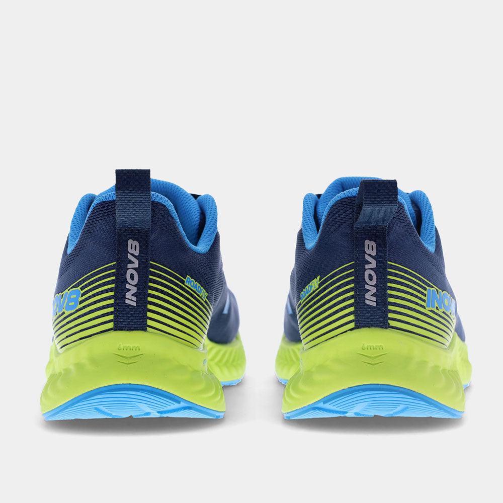 Pair of INOV8 RoadFly road running shoes, navy, blue and lime, back view