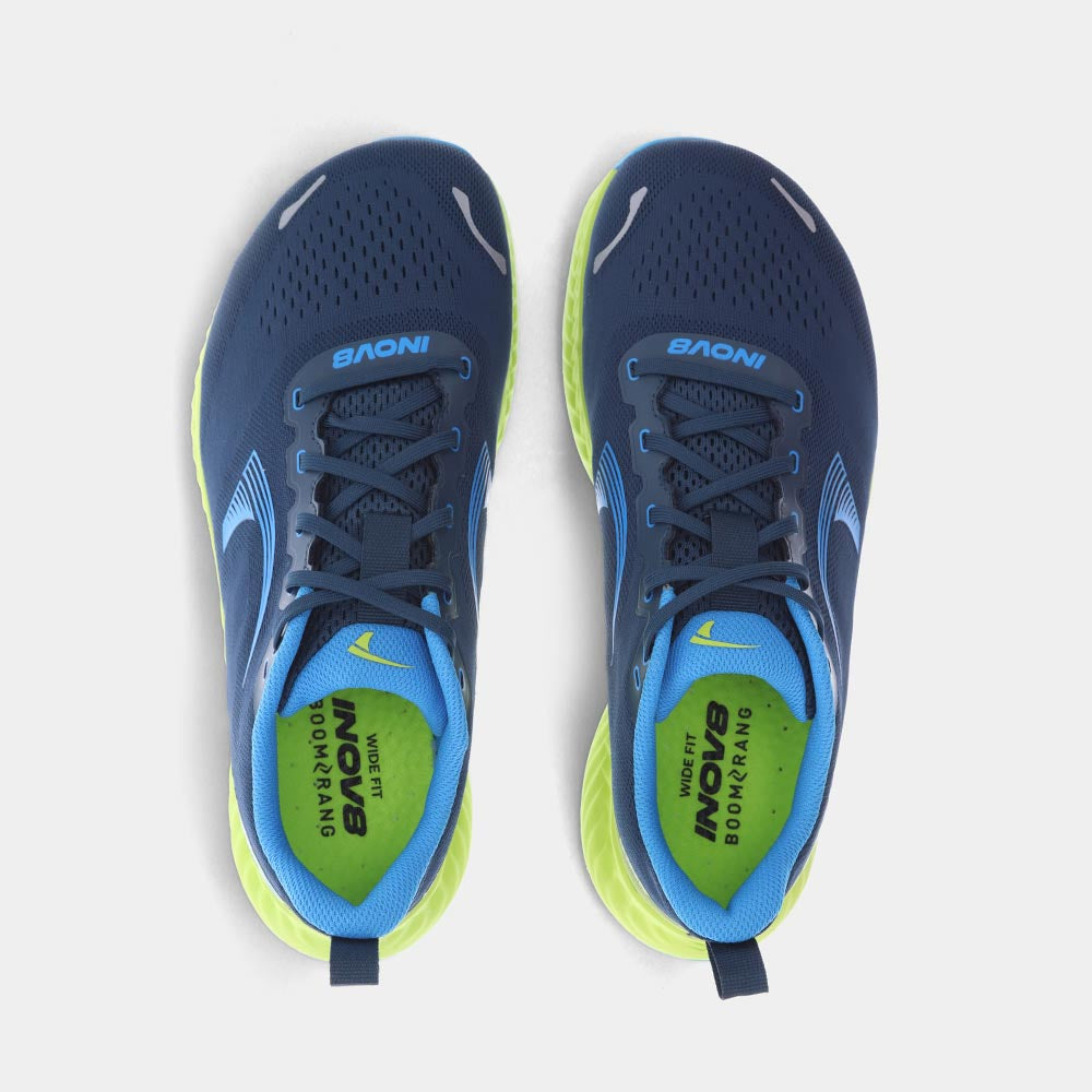 Pair of INOV8 RoadFly road running shoes, navy, blue and lime, top view