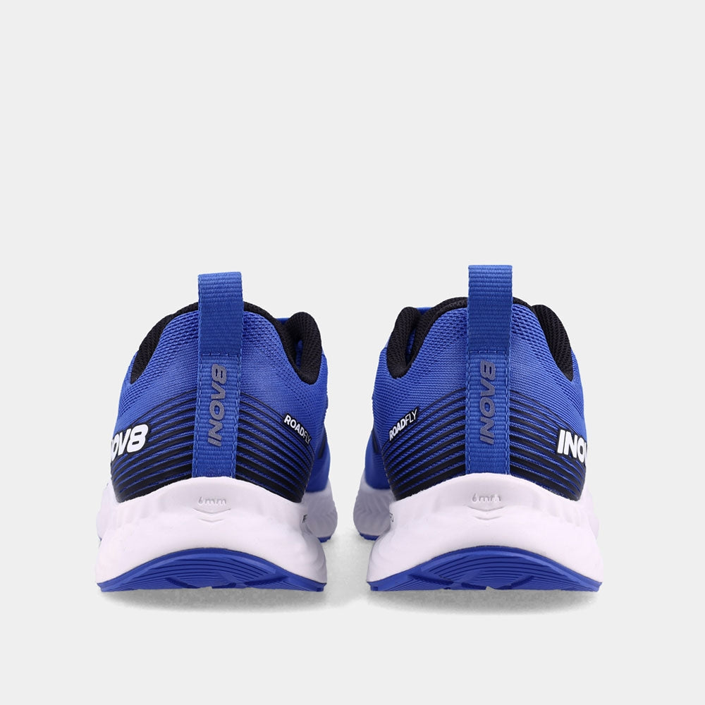 Pair of INOV8 RoadFly road running shoes, white and blue, back view